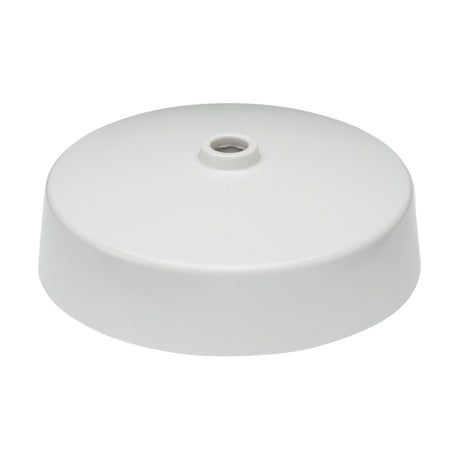 The Light Fitting Ceiling Rose, a plain white ceiling canopy, includes a central hole for wiring and is crafted for attaching light fixtures or ceiling fans. It features a smooth, circular design with a slightly elevated edge.