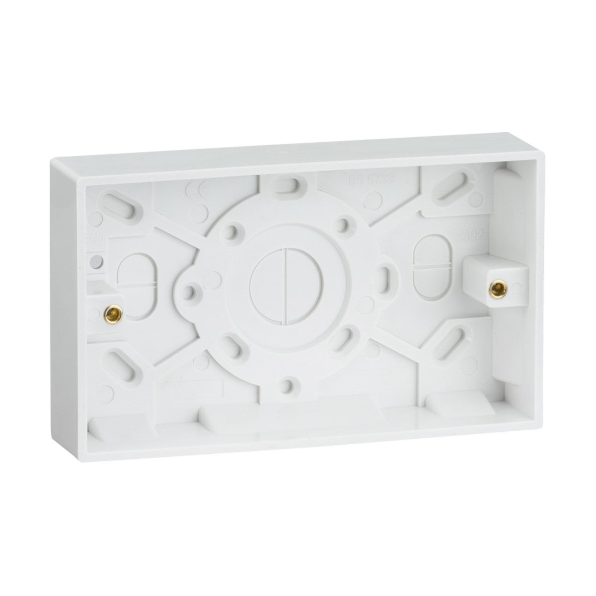 Introducing the Double 25mm Pattress Box (Square Edge) by Knightsbridge, a white plastic electrical back box featuring multiple screw holes and convenient cable entry points. This design includes a central circular pattern with two brass screw inserts, making it an ideal addition to your wiring accessories collection.