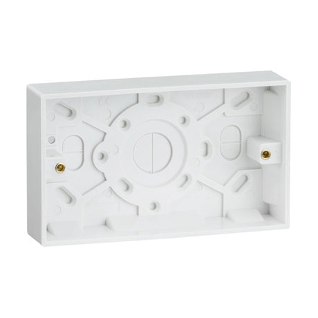 Introducing the Double 25mm Pattress Box (Square Edge) by Knightsbridge, a white plastic electrical back box featuring multiple screw holes and convenient cable entry points. This design includes a central circular pattern with two brass screw inserts, making it an ideal addition to your wiring accessories collection.