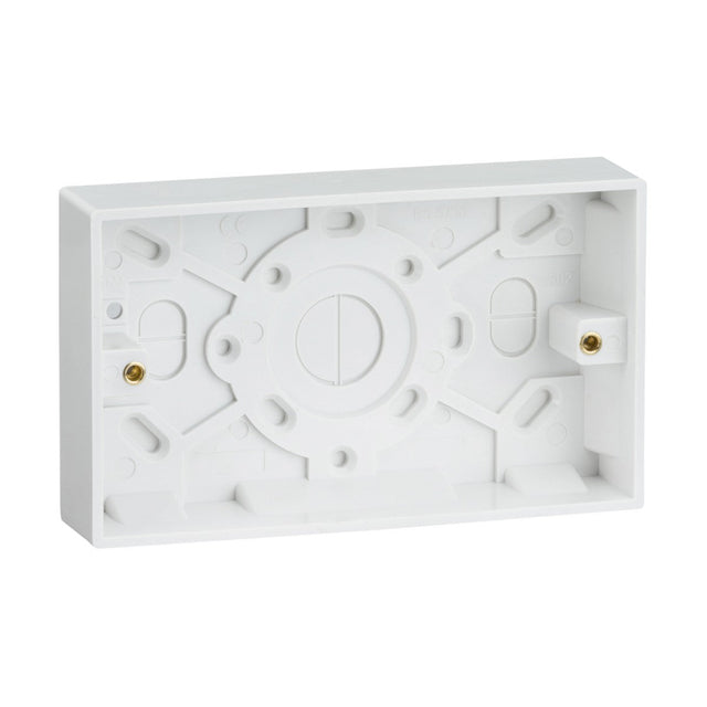 Introducing the Double 25mm Pattress Box (Square Edge) by Knightsbridge, a white plastic electrical back box featuring multiple screw holes and convenient cable entry points. This design includes a central circular pattern with two brass screw inserts, making it an ideal addition to your wiring accessories collection.