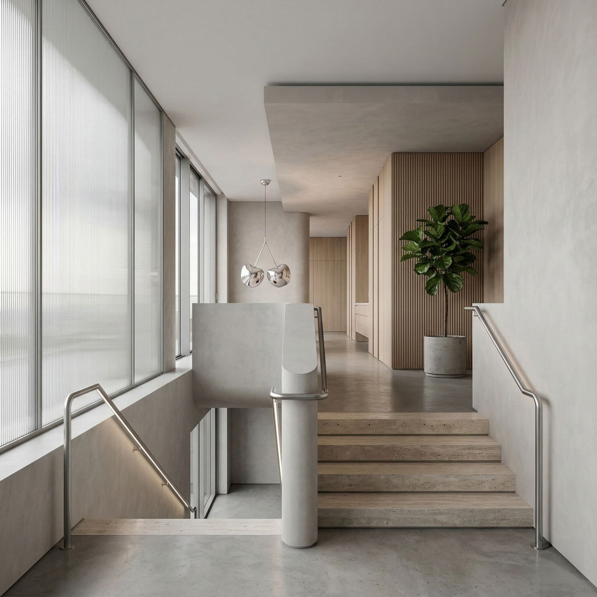 A modern minimalist interior features concrete stairs, metal railings, a potted plant, wood paneling, large windows with sheer blinds, and two Cereza LED 2 Light Pendants in silver hanging from the ceiling.