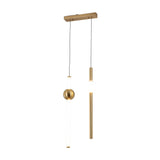 The Sottile LED Vertical Suspension Light - Gold features two suspended lights—a clear tube with a gold sphere and a frosted globe in a vertical gold cylinder—both hanging from a rectangular gold ceiling mount for a modern minimalist look.