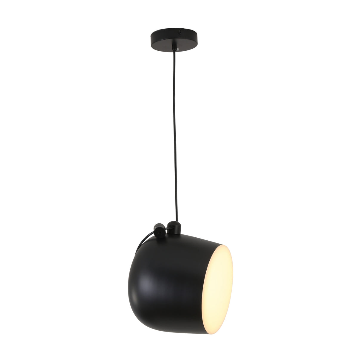 The Mono LED Pendant Light - Black features a modern, round adjustable shade suspended by a black cord, providing a soft, warm glow—ideal for stylish kitchen lighting.