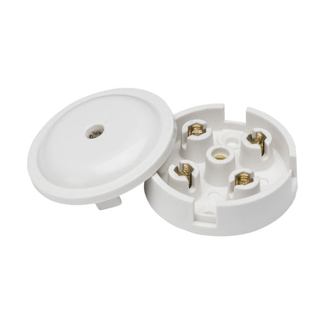 The 5A Junction Box 4-Terminal - White (59mm) is displayed, featuring a circular base with four brass connectors, accompanied by a matching cover. Designed for electrical wiring connections, this IP20-rated product ensures safe installation in spaces requiring junction boxes.