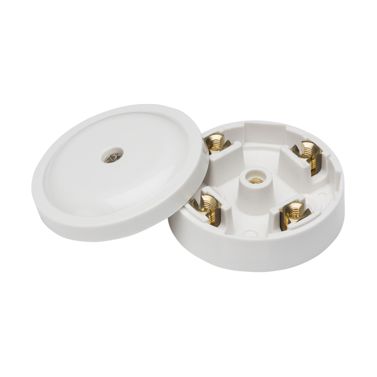 The 20A Junction Box 4-Terminal - White (59mm) features a round white cover that, when removed, reveals four brass terminals inside, ideal for electrical wiring. Constructed from durable thermoset resin, it ensures reliable longevity. The design includes a knockout entry feature facilitating easy installation as a versatile junction box.