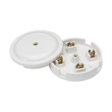 A 20A Junction Box 4-Terminal - White (79mm) features a white two-piece ceiling light fitting with an open base that exposes four brass terminals. The circular cover is positioned next to the base against a plain background.