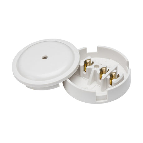 The 30A Junction Box 3-Terminal – White (89mm) features two components crafted from durable thermoset resin: a base with three brass connectors and an unscrewed round cover. This straightforward design is perfect for securely attaching a lamp bulb fixture to the ceiling, ensuring safety with its IP20 rating.