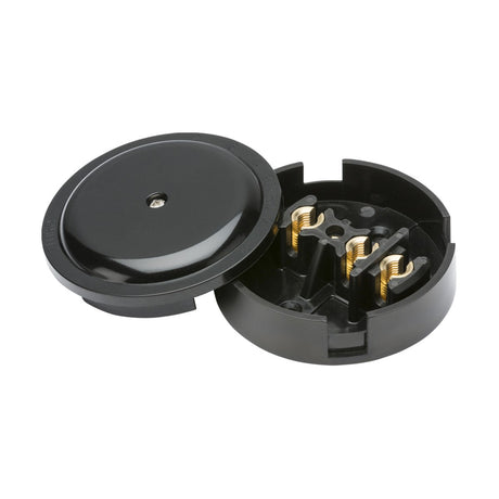 The 30A Junction Box 3-Terminal - Black (89mm) is a black, round electrical component made from durable black urea. It comes in two pieces, with a removable lid. This component features metallic connectors arranged in a circular pattern at the base, which are easily accessible when the lid is removed.