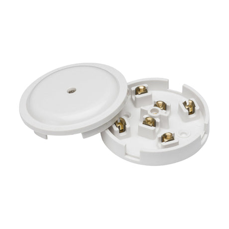 Removing the cover of the 20A Junction Box 6-Terminal - White (89mm) exposes five brass connectors within its round, durable thermoset resin body.