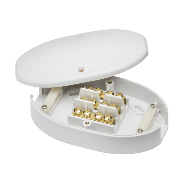 A 60A rated electrical junction box with a white, oval-shaped design and an open lid showcases multiple brass terminal connectors inside, constructed from heavy-duty urea for enhanced durability.