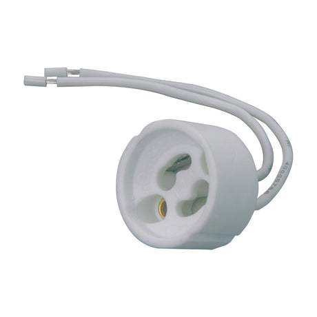 AVSL GU10 ceramic lamp holder with brass contact spring and two white heat-resistant fly leads, shown on a plain white background.