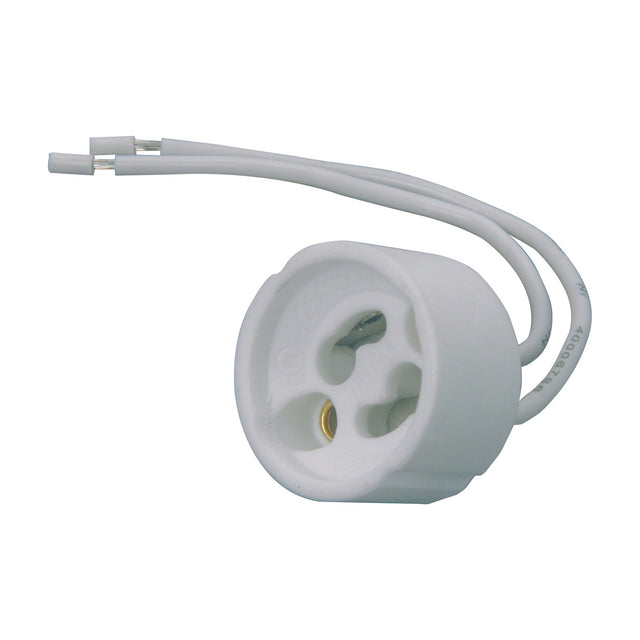 AVSL GU10 ceramic lamp holder with brass contact spring and two white heat-resistant fly leads, shown on a plain white background.