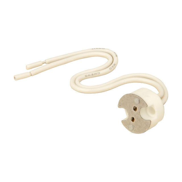 LYYT MR16 ceramic lamp holder by AVSL with GU5.3 two-pin socket and 90mm heat-resistant fly leads with bare wire ends, on a white background.