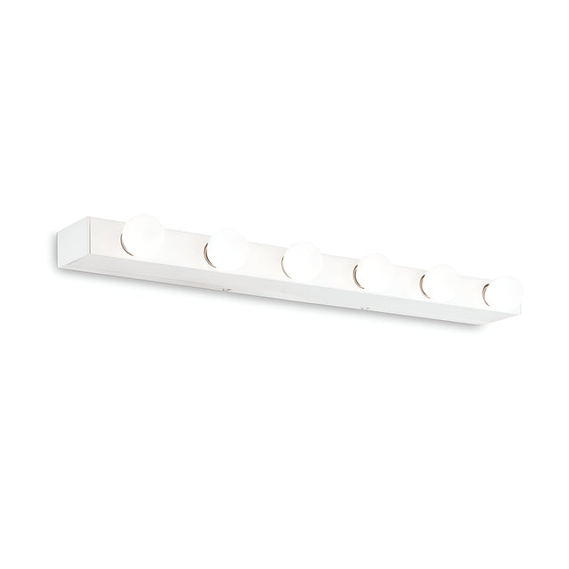 The Eclipsea 6 Light Bar Wall Light in White offers a rectangular design with six evenly spaced round bulbs, making it perfect for wall mounting. This sturdy fixture features a minimalist aesthetic, ideal for modern lighting in contemporary interiors.