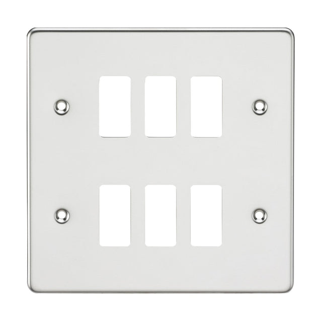 Introducing the Flat Plate 6 Gang Grid Faceplate - Polished Chrome, featuring six rectangular openings tailored for rocker switches and four screw holes, strategically placed two on each side. Crafted from premium-grade steel, it boasts a sleek brushed metallic finish resembling polished chrome.