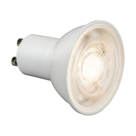 The 5W GU10 Dimmable LED Bulb - 3000K, spotlight-shaped and equipped with a GU10 base, is displayed against a plain white background. It features a ridged, transparent glass cover with two metal pins visible at the base, providing a warm white glow perfect for creating cozy atmospheres.