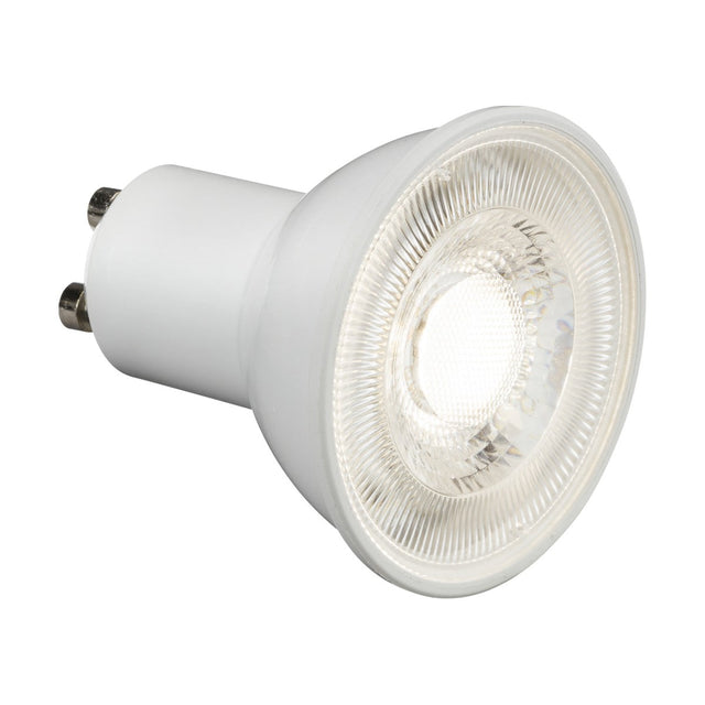 This 5W GU10 dimmable LED bulb, with a 4000K cool white light, features a reflective glass surface and two metal prongs for secure connectivity against a plain white background.