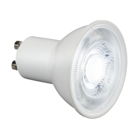 The 5W GU10 Dimmable LED Bulb - 6500K boasts a white base and reflective surface, making installation straightforward thanks to its GU10 fitting. Incorporating SMD LED technology, it provides adjustable brightness levels. For clarity, the bulb is displayed against a plain white background.