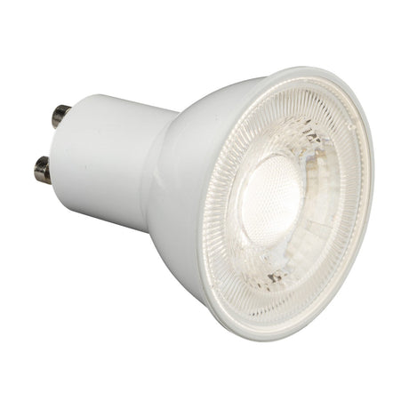 The 7W GU10 Dimmable LED Bulb - 4000K is elegantly showcased against a simple background, highlighting its cool white light. It features a clear lens and two metal prongs designed for easy installation in compatible light fixtures.