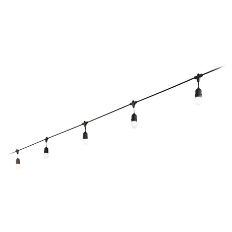 The Velox Outdoor String Lights in black, measuring 4 meters, feature five evenly spaced, energy-efficient LED bulbs elegantly suspended on a white background.