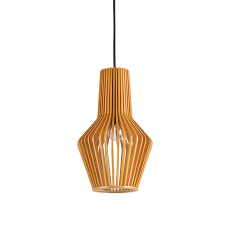 Presenting the Edge-1 1 Light Wood Pendant in Brown, featuring a sleek wooden slatted design complemented by durable metal construction. The bulb is visible through the vertical slats, hung on a black cord against a white background, making it an ideal choice for contemporary lighting.