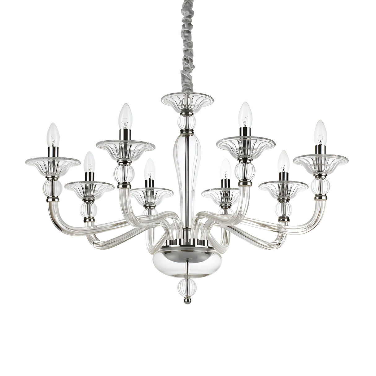Introducing the Breeze-1 Glass 8 Light Chandelier in Chrome: a stylish chandelier with eight arms, each holding a candle-shaped bulb. The design boasts elegant curves and a shiny chrome finish, suspended from a decorative chain, epitomizing luxury lighting.