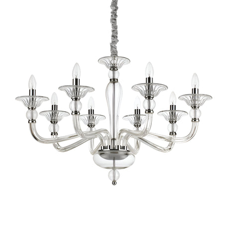 Introducing the Breeze-1 Glass 8 Light Chandelier in Chrome: a stylish chandelier with eight arms, each holding a candle-shaped bulb. The design boasts elegant curves and a shiny chrome finish, suspended from a decorative chain, epitomizing luxury lighting.