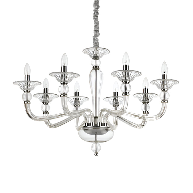 Introducing the Breeze-1 Glass 8 Light Chandelier in Chrome: a stylish chandelier with eight arms, each holding a candle-shaped bulb. The design boasts elegant curves and a shiny chrome finish, suspended from a decorative chain, epitomizing luxury lighting.