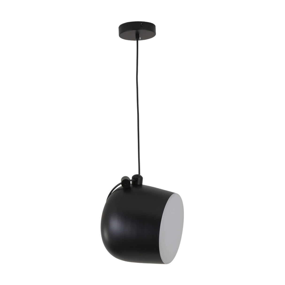 The Mono LED Pendant Light - Black features a modern cylindrical shade, adjustable angle, and sleek black cord with round ceiling mount, making it ideal for contemporary kitchen lighting.
