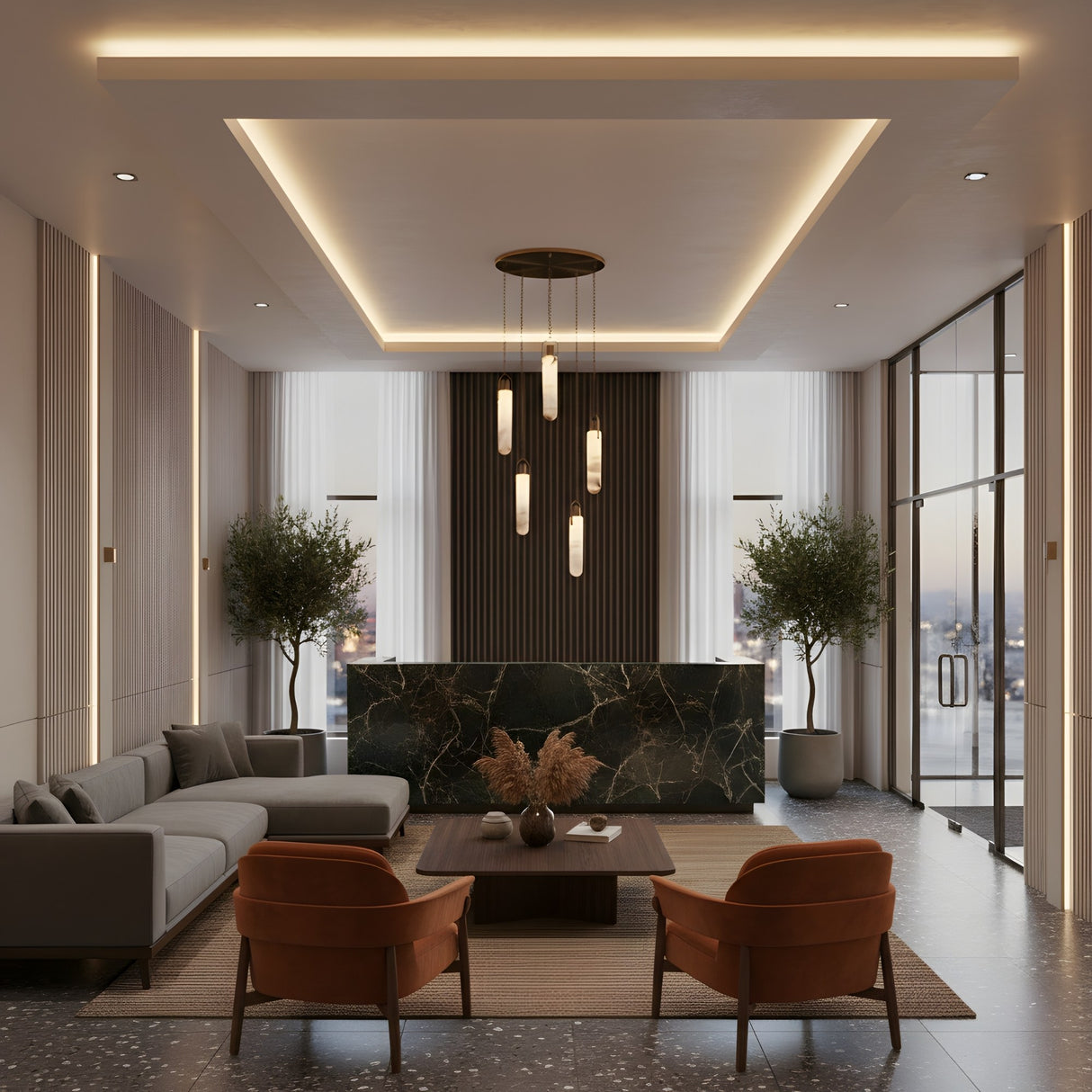 Modern lobby with neutral tones, marble reception desk flanked by tall potted plants, two orange armchairs, grey sectional sofa, wooden coffee table, large city-view windows, and Orluna 3 Light LED Alabaster Cluster Pendant Light in chrome & soft white.