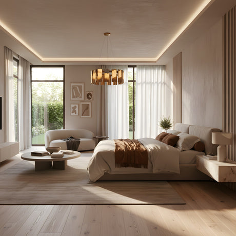 A modern, minimalist bedroom with large windows, neutral tones, white and brown bedding, a white sofa, wall art, and a Caelith LED Small Panel Alabaster Chandelier in brushed brass. Natural light highlights the airy space.