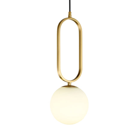 The Orvyn 1 Light Large Globe Alabaster Single Pendant Light features a soft white alabaster globe suspended from a vertical, oval brushed brass frame with a black cord.