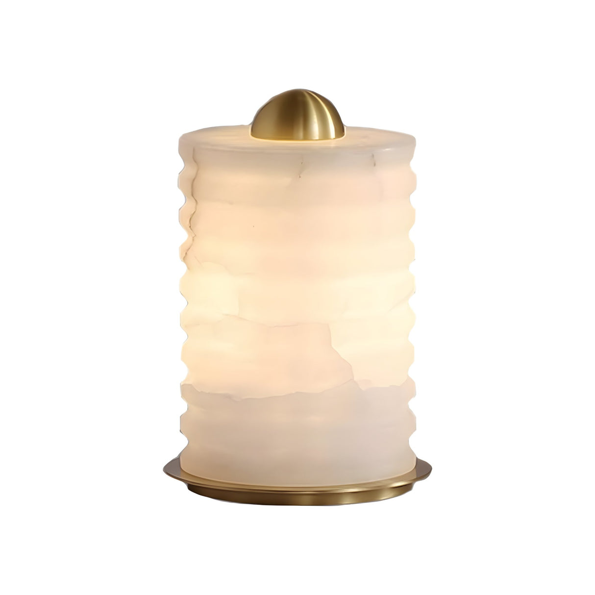 The Aurelior LED Small Ribbed Alabaster Table Lamp – Soft White features a modern cylindrical frosted glass shade with wavy ridges, gold accents, and emits warm light—perfect for cozy bedside spaces.
