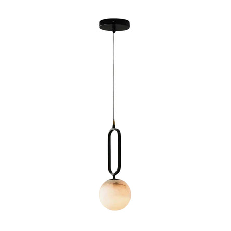 The Orvyn 1 Light Large Globe Alabaster Single Pendant Light features a soft white round globe, matte black oval frame, slim black cord, and a black ceiling mount for a modern look.