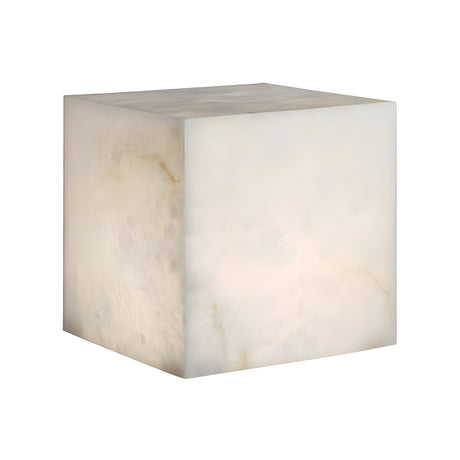 The Cubara LED Large Cube Alabaster Table Lamp – Soft White features a solid, translucent white design with subtle beige veining, adding a modern minimalist touch to any space.