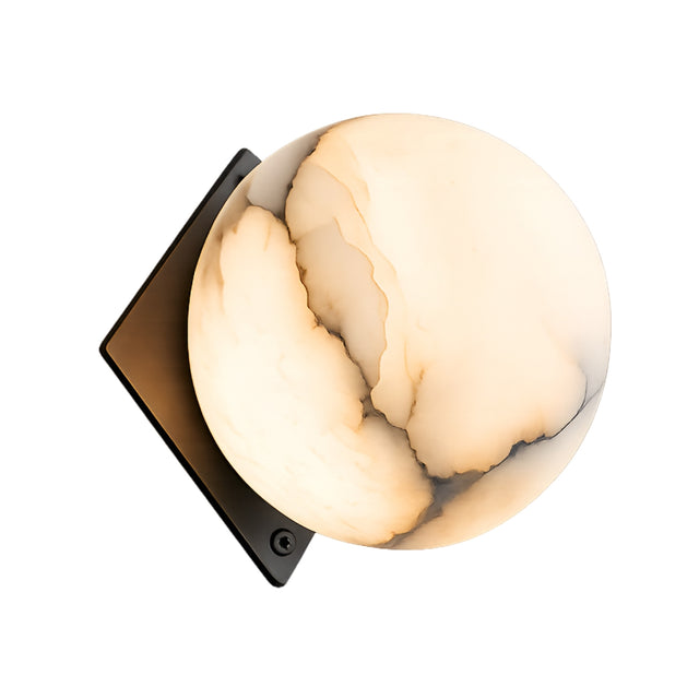 The Oblyra 1 Light Large Angled Plate Alabaster Wall Light in soft white and black features a round alabaster shade with marble-like veins on a sleek black base, adding a striking modern accent to any space.