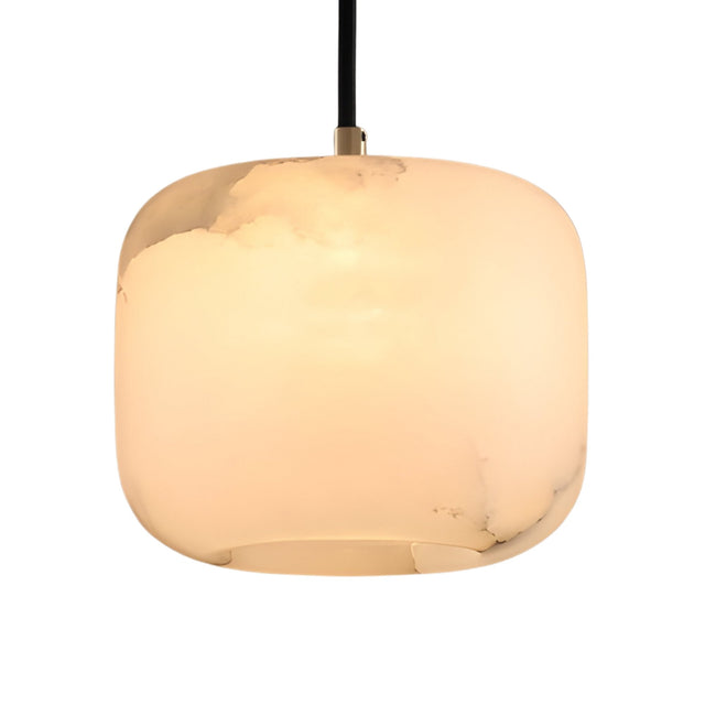 The Calvex 1 Light Large Rounded Alabaster Single Pendant Light in Soft White features a smooth, frosted glass shade with subtle cloud-like patterns and hangs elegantly from a black cord.