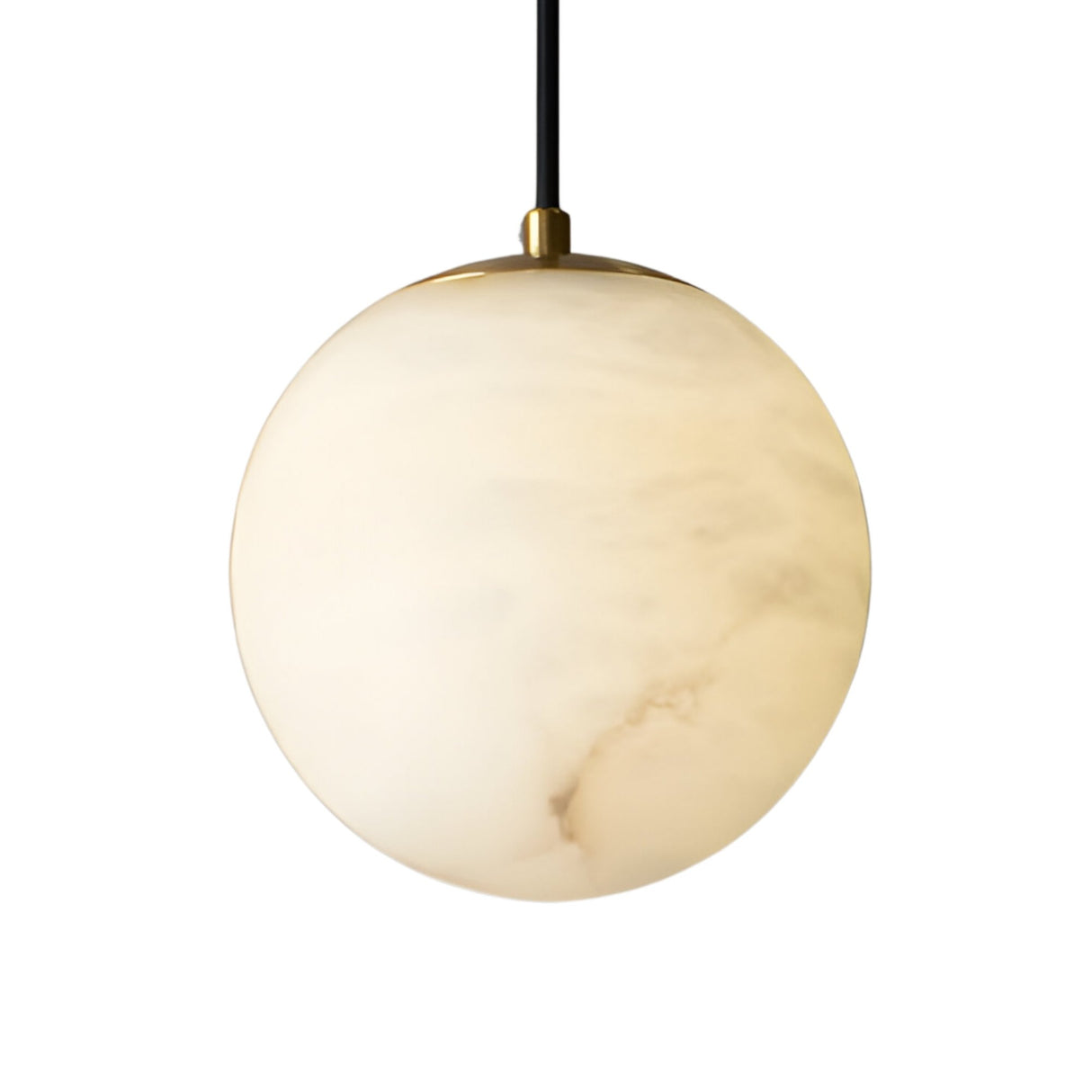 The Lyvane 1 Light Medium Globe Alabaster Single Pendant Light in Soft White features a smooth marbled globe, suspended by a black cord with a brass cap, evoking the elegant look of alabaster.