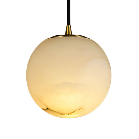 The Lyvane 1 Light Medium Globe Alabaster Single Pendant Light in Soft White features a smooth globe shade and gold-toned cap, bringing refined elegance to any space.