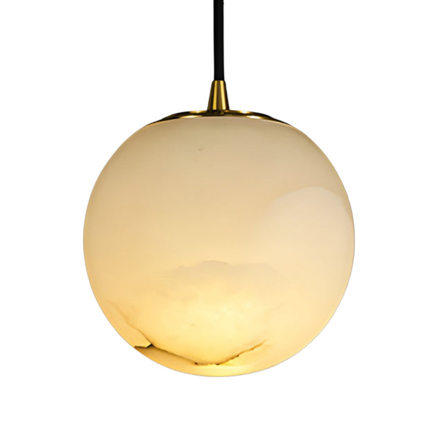 The Lyvane 1 Light Medium Globe Alabaster Single Pendant Light in Soft White features a smooth globe shade and gold-toned cap, bringing refined elegance to any space.