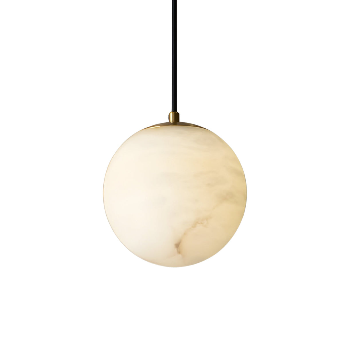 Niori Lyvane medium globe pendant light with a soft white Spanish alabaster shade, brushed brass cap and black flex, shown on a plain white background.