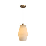 The Bellorin 1 Light Medium Alabaster Single Pendant Light features a soft white geometric Spanish alabaster glass shade, black cord, and brushed brass ceiling mount, shown isolated on a white background.