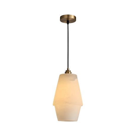 The Bellorin 1 Light Medium Alabaster Single Pendant Light features a soft white geometric Spanish alabaster glass shade, black cord, and brushed brass ceiling mount, shown isolated on a white background.