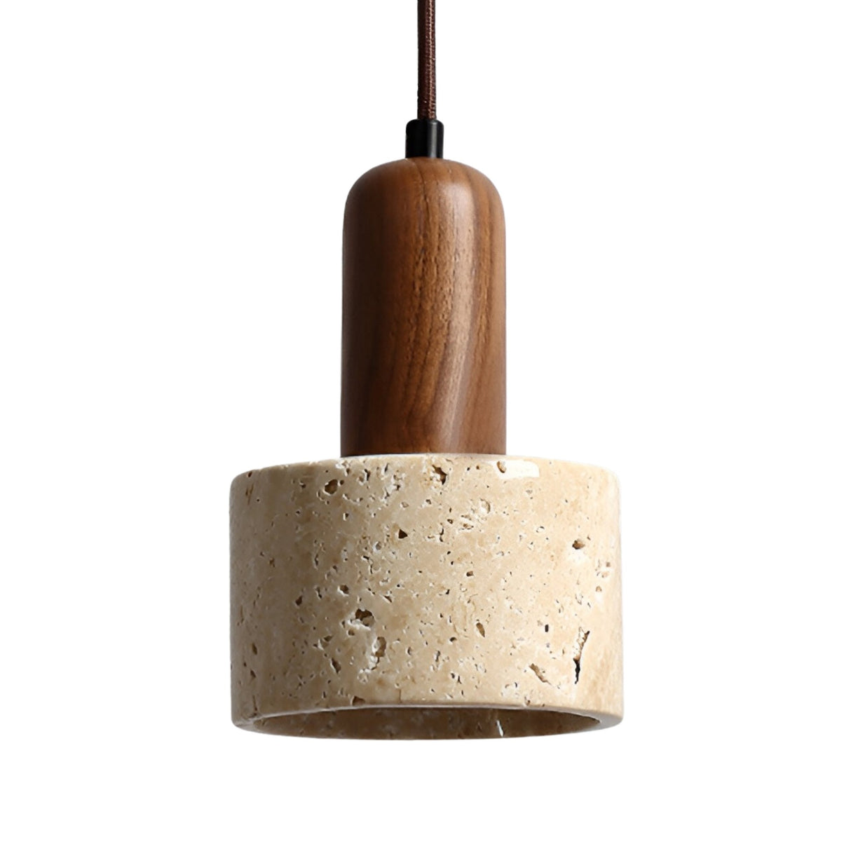 The Lunaro 1 Light Large Travertine Single Pendant Light features a smooth walnut brown top, a cylindrical light beige travertine lampshade, and is suspended by a brown cord.