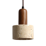 The Lunaro 1 Light Large Travertine Single Pendant Light features a smooth walnut brown top, a cylindrical light beige travertine lampshade, and is suspended by a brown cord.