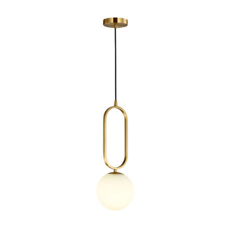 The Orvyn 1 Light Large Globe Alabaster Single Pendant Light features a soft white globe and brushed brass frame, suspended from a gold ceiling mount by a black cord.