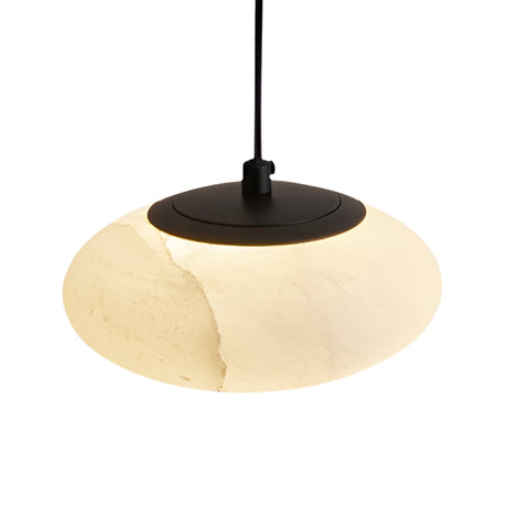 The Solenne 1 Light Large Minimal Orb Alabaster Single Pendant Light features a soft white, stone-veined shade paired with a matte black cord and fixture for a modern look.