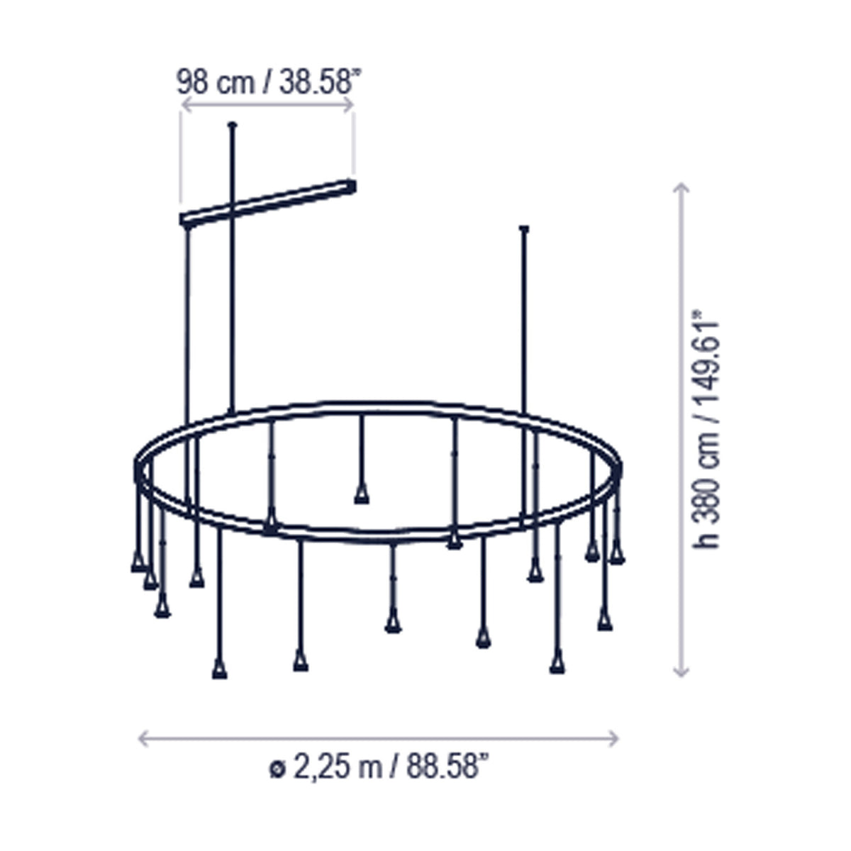 Skybell Circle Iron Ring LED Pendant Light in Ebony Black, a circular iron and aluminium ring with hanging cone-shaped heads on slim stems, shown with dimension lines on a white background.