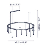 Skybell Circle Iron Ring LED Pendant Light in Ebony Black, a circular iron and aluminium ring with hanging cone-shaped heads on slim stems, shown with dimension lines on a white background.