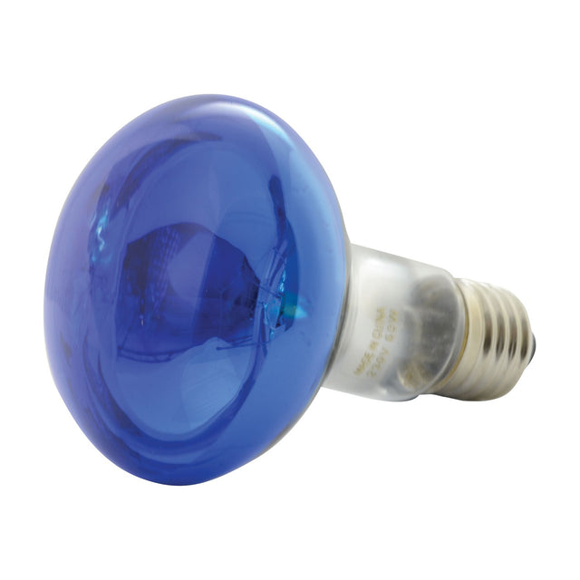 QTX R80 60W E27 reflector bulb with deep blue glass envelope and clear screw base, shown on a plain white background.